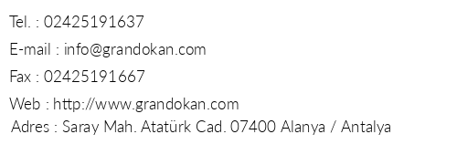Grand Okan Hotel telefon numaralar, faks, e-mail, posta adresi ve iletiim bilgileri
